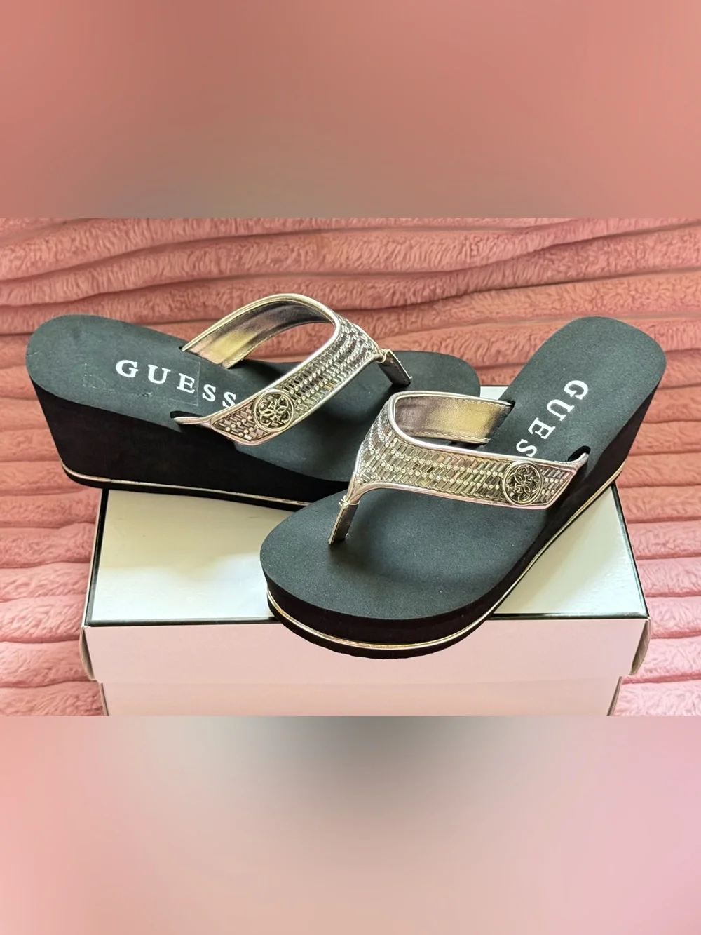GUESS Pink Metallic Wedge Thong Sandals
